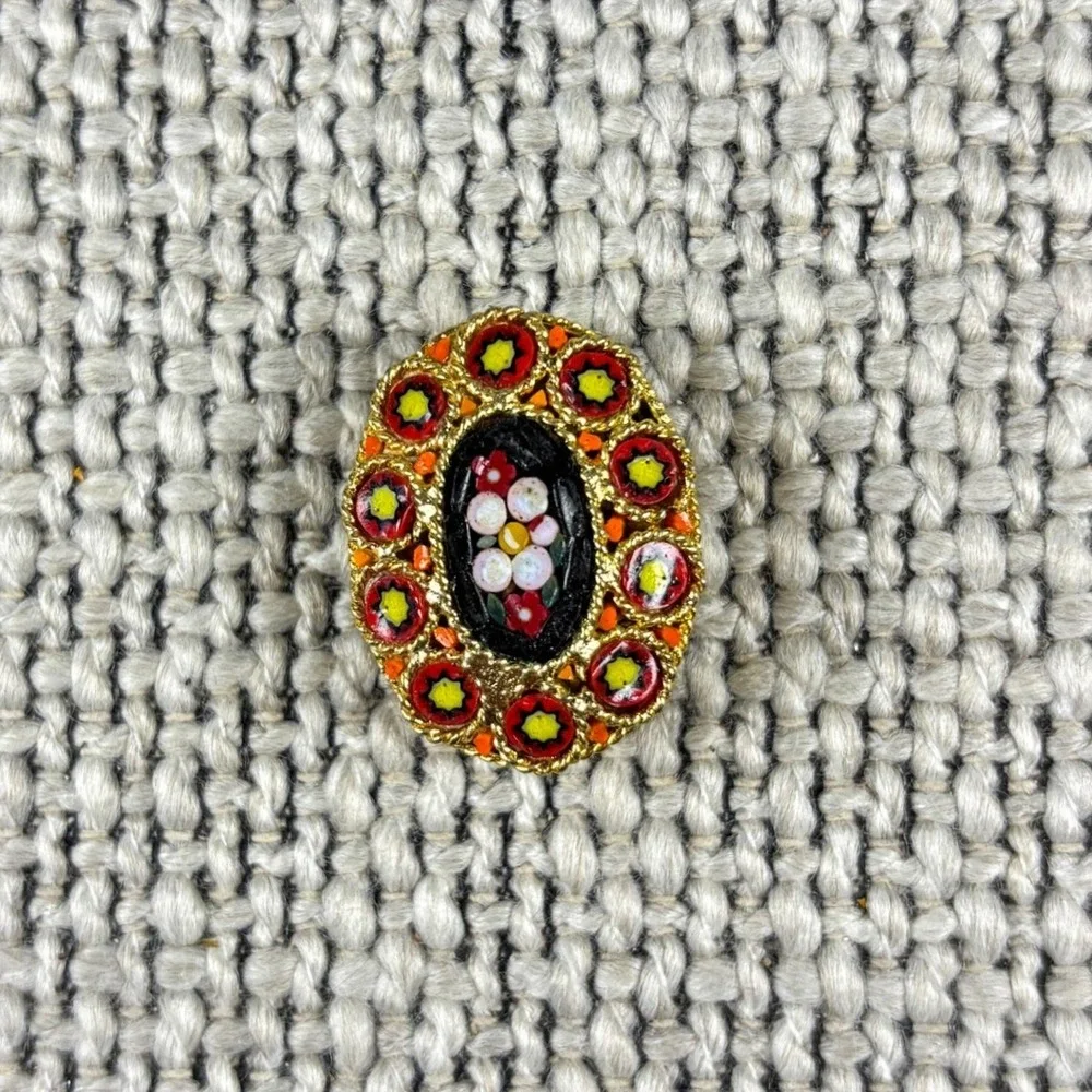 Vintage 1950s Italian Micro Mosaic Brooch Red Yellow Millefiori Floral Pin